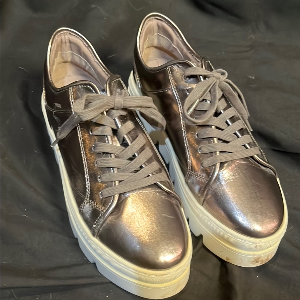 Steve Madden Shiny Silver Sneakers with Light Tan Soles